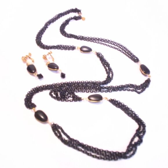 Vintage Signed Lisa Long Multi Strand Black Beaded Necklace Drop Earring Demi - Picture 4 of 7